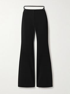 Givenchy’s pants are designed with a slim back strap that sits above the low waist - the silver-tone buckles at each side allow you to adjust the exact placement. They're made from stretch-jersey and have gently flared cuffs. Wear them with a tucked-in top to showcase the details. Chic Evening Pants In Elastane, Wide-leg Elastane Pants For Evening, Evening Wide Leg Elastane Pants, Modern Stretch Bottoms For Evening, High-waisted Elastane Dress Pants For Evening, Evening High-waisted Elastane Dress Pants, Modern Full-length Pants For Evening, Sleek Full Length Wide Leg Pants With Belt Loops, Modern Full-length Evening Pants