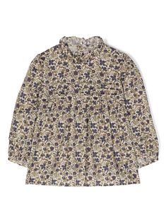 beige/multicolour cotton all-over floral print ruffled trim long sleeves straight hem Dress With Jean Jacket, Dolce And Gabbana Kids, Blouse Material, Girls Blouse, Floral Print Blouses, Stella Mccartney Kids, Cotton Blouses, Cotton Style, Skirted Swimwear