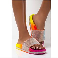 Too Cute To Be Worried. The Azalea Wang Thank You Next Flatform Sandal In Multi Is A Vibrant Slide Sandal Complete With An Ombre Color Hue, Rhinestone Gem Detailing, An Open Toe, And Cushioned Sole. Slip-On And Pop Out In Style. Psst, This Style Runs Small. We Recommend Sizing Up One Size.... - Open Toe - Flat Sole - Imported High Heel Rhinestone Beach Sandals, Rhinestone High Heel Sandals For Beach, Spring Rhinestone Flip Flops With Round Toe, Multicolor High Heel Sandals With Rhinestones, Multicolor Rhinestone High Heel Sandals, Multicolor Rhinestone Sandals For Spring, Summer Multicolor Sandals With Rhinestones, Multicolor Rhinestone Sandals For Summer, Multicolor Rhinestone Beach Sandals