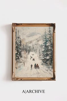 a painting hanging on the wall with people walking in front of it and two horses pulling a sleigh