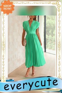 Green All-over Pleated V Neck Zip Midi Dress Green Pleated Midi Cocktail Dress, Green Pleated Cocktail Midi Dress, Chic Green A-line Pleated Dress, Spring Green Pleated Dress For Formal Occasions, Green Pleated Dress For Spring Formal, Green Pleated Dress For Spring Formal Occasions, Green Pleated Dress For Spring Formal Events, Spring Evening Casual Pleated Dress, Spring Casual Evening Pleated Dress