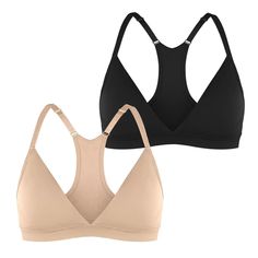 two women's bras in black and nude