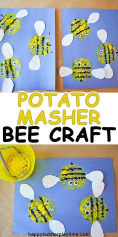 three pictures of bees made out of paper with the words potato masher bee craft