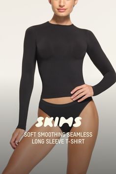 The lightly smoothing, buttery tee you love, now with longer sleeves for your best fit. Hits at the hips. Fits true to size. | SKIMS Long Sleeve T-Shirt | Black | 3XL | Soft Smoothing Seamless Bra Calculator, Love Now, T Shirt Bra, Fall Shopping, Boy Shorts, Black Media, Fashion Tees, Shirt Shop