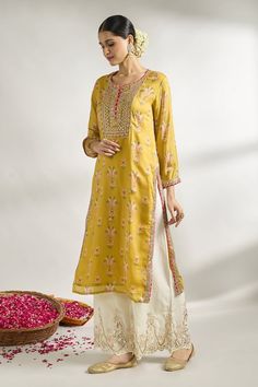 Mustard tunic with all-over floral prints, embroidered yoke, sleeve hem and borders. - Aza Fashions Gopi Vaid, Floral Print Tunic, Print Tunic, Aza Fashion, Cotton Silk, Silk Printing, Borders, Mustard, Floral Prints