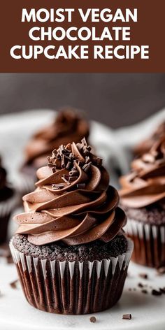 chocolate cupcakes with frosting and sprinkles are on a white plate