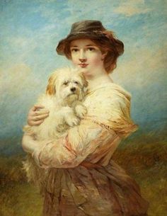 a painting of a woman holding a white dog in her arms and wearing a hat