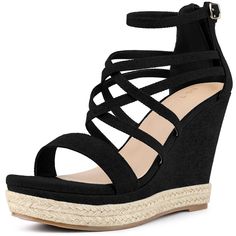 Looking for a stylish and comfortable pair of sandals to add to your wardrobe? Look no further than these ankle-strap espadrille platform sandals! These sandals feature a denim fabric for a casual look, with a single strap and strappy design at the upper, as well as an ankle strap and back zipper for easy wear. Plus, with an espadrille wedge heel and platform, these sandals offer just the right amount of height and style. The outsole is made of TPR, while the heel is made of PVC+TPR, making thes Trendy Ankle Strap Espadrille Sandals, Trendy Espadrille Sandals With Ankle Strap, Strappy Summer Wedge Sandals With Buckle Closure, Summer Strappy Wedge Sandals With Buckle, Adjustable Platform Espadrille Sandals, Casual Strappy Platform Heels, Adjustable Strappy Platform Wedge Sandals, Casual Straw Heels With Buckle Closure, Black Ankle Strap Sandals In Straw