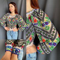 Amazing Romanian vintage blouse! So bright and stunning! So vibrant colours Tulle fabric Great condition! Universal size Will suit to and S and M size Spring Motif Long Sleeve Blouse, Spring Long Sleeve Blouse With Motif, Green Embroidered Top For Summer, Spring Green Blouse With Intricate Embroidery, Summer Folk Peasant Top With Embroidered Sleeves, Spring Cotton Blouse With Motif, Bohemian Summer Peasant Top With Embroidered Sleeves, Bohemian Embroidered Top With Floral Print For Fall, Bohemian Peasant Top With Embroidered Sleeves For Summer