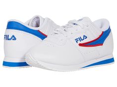 Fila Kids Machu Outline Flag (Toddler/Little Kid/Big Kid) - Kid's Shoes : White/Prince Blue/Fila Red : Keep them moving in comfort and classic athletic style with the FILA Kids Machu Outline Flag sneakers. Athletic sneaker with round-toe silhouette. Lace-up closure for a secure fit. Synthetic upper and cushioned collar and tongue. Textile lining and insole. Durable synthetic outsole. Imported. Measurements: Weight: 5 oz Product measurements were taken using size 13 Little Kid, width M. Please no Classic Sports Sneakers With Elastic Laces, Classic Sneakers With Elastic Laces For Sports, White Non-slip Sporty Sneakers, Sporty Non-slip Sneakers With White Sole, Sporty Low-top Sneakers Easy Fit, Sporty Low-top Sneakers With Easy Fit, White Slip-resistant Sneakers For Jogging, Casual White Running Shoes With Secure Fit, White Non-slip Athleisure Sneakers