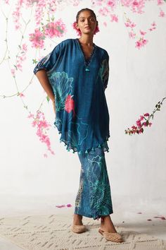 Blue kaftan with floral prints and embellished neckline. Paired with printed pant. - Aza Fashions Blue Bohemian Palazzo Set For Spring, Blue Summer Sets With Kimono Sleeves, Blue Bohemian Tunic Set, Bohemian Blue Sets With Digital Print, Bohemian Blue Digital Print Sets, Bohemian Silk Palazzo Set For Summer, Blue Silk Bohemian Sets, Bohemian Blue Silk Sets, Blue Bohemian Maxi Sets