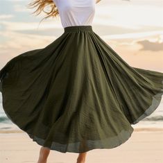 Olivia Mark - Solid Color Cotton Linen Midi Skirt - Casual Holiday Swing Maxi Skirt Beach Dress Linen Midi Skirt, Skirt Beach, Skirt Casual, Linen Skirt, Types Of Skirts, Beach Dress, A Line Skirts, Cotton Linen, Army Green