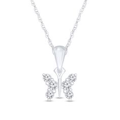 Perfectly petite, this diamond butterfly pendant is as sweet as can be. Fashioned in sterling silver, this adorable look showcases a trio of diamonds sparkling in a wing-shaped design on each side of the sculpted center. Captivating with 1/10 ct. t.w. of diamonds and a bright polished shine, this pendant suspends along an 18.0-inch rope chain that secures with a spring-ring clasp. White Diamond Butterfly Charm Necklace, Diamond Butterfly Necklace With Diamond Accents, White Diamond Butterfly Necklace, Silver Diamond Butterfly Necklace With Charm, Butterfly-shaped White Gold Jewelry With Diamond Accents, White Gold Butterfly Jewelry With Diamond Accents, Silver Butterfly Necklace With Diamond Accents, Silver Diamond Butterfly Necklace, Diamond Butterfly