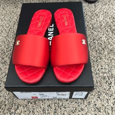 Red Chanel Mules (Never Worn) Purchased From Saks 5th Ave Size 37 But Fit More Like A 36 Elegant Red Slip-on Sandals, Red Slip-on Sandals For Evening, Designer Slip-on Sandals With Red Sole, Red Classic Sandals With Round Toe, Classic Red Round Toe Sandals, Classic Red Sandals With Round Toe, Designer Flat Sandals With Red Sole, Luxury Red Slip-on Sandals, Luxury Red Flat Sandals