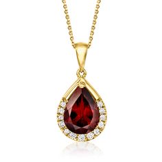 Ross-Simons - 2.00ct Garnet Pendant Necklace, .13ct t. w. Diamonds in 14kt Yellow Gold. 16". An ode to your January birthday or affinity for fiery red, this 2.00 carat pear-shaped garnet pendant necklace is a timeless gemstone style. Sparked with .13 ct. t. w. round brilliant-cut diamonds and set in polished 14kt yellow gold. Cable chain. Springring clasp, diamond and garnet pendant necklace. Garnet birthstones are the perfect gift for January birthdays. Garnet Birthstone, January Birthday, Garnet Pendant, Fiery Red, Round Brilliant Cut Diamond, Cable Chain, Pear Shaped, Round Brilliant, Pendant Jewelry