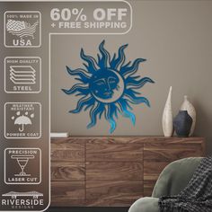 the sun and moon wall decals are on display in this living room, along with other items