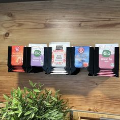 five bags of tea are hanging on the wall next to a potted green plant