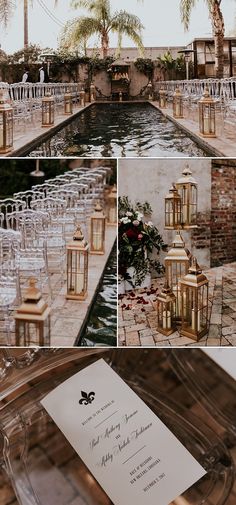 the wedding ceremony is set up outside by the pool and water features gold lanterns with flowers on them