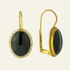 Sensual minimalism. This bold Victorian design features a black onyx stone in a classic 24k vermeil gold open work setting. European backs for pierced ears. Size: 1 1/4 inch. Vampire Goth, Replica Jewelry, Lapis Earrings, Goth Girl, Victorian Design, Black Onyx Stone, Onyx Earrings, Garnet Earrings, Cubic Zirconia Earrings