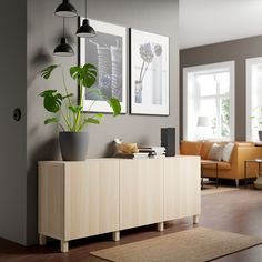 a living room filled with furniture next to a plant on top of a dresser in front of two windows