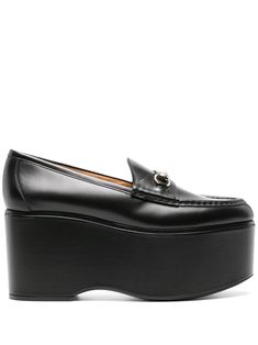 black calf leather piped-trim detailing signature Horsebit detail round toe branded leather insole platform sole leather outsole Formal Platform Loafers With Sculpted Heel And Round Toe, Formal Platform Loafers With Sculpted Heel, Leather Platform Loafers For Office, Leather Platform Heels For Business, Modern Gucci Loafers For Office, Black Office Loafers With Deep Heel Cup, Gucci Calf Leather Loafers With Round Toe, Modern Gucci Loafers In Calf Leather, Gucci Modern Black Loafers