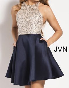 New With Tags Jvn57782 Navy Illusion Nude Beaded Sequin Bling Embellished Bodice Sleeveless Short Dress Halter Like Straps. With Pockets Homecoming Wedding Pageant Photoshoot Gala Prom Ball Dance Hoco Check Out My Closet For Sherri Hill Macduggal Tony Bowls Tarik Ediz 9/14 Navy Short Dress, Mitzvah Dresses, Formal Ideas, Winter Formal Dresses, Dance Outfit, Jovani Dresses, Sleeveless Short Dress, School Dance, Winter Formal