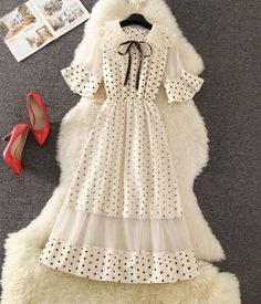 Lovely A line polka dot lace dress summer dress Fabric: blended Color: white, black, blue, apricot Size(cm): S, M, L, XL S length 108 sleeve length 26 bust 96 M length 109 sleeve length 27 bust 98 L length 110 sleeve length 28 bust 100 XL length 111 sleeve length 29 bust 102 Beige Lace Patchwork Midi Dress For Spring, Beige Midi Dress With Lace Patchwork For Spring, Summer Midi Dress With Lace Patchwork And Short Sleeves, Chic Polka Dot Dresses With Lace Trim, Spring A-line Polka Dot Midi Dress, Polka Dot A-line Spring Midi Dress, Polka Dot A-line Midi Dress For Spring, Chic Summer A-line Lace Dress, Chic A-line Lace Dress For Summer