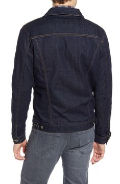 A deep-indigo wash and high-contrast topstitching define a classic denim jacket with all-season appeal. Front button closure Spread collar Long sleeves with button cuffs Chest button-flap pockets; side-seam pockets Adjustable button side tabs 98% cotton, 2% polyurethane Machine wash, tumble dry Imported Grey Denim Jacket, Contrast Topstitching, Embellished Denim Jacket, Deep Indigo, White Denim Jacket, Color Block Jacket, Classic Denim Jacket, Embellished Denim, Denim Jacket Men