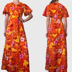 "Stunning 70s orange & pink Hawaiian maxi dress! Size Small  Brand - Royal Hawaiian Era - 70s Excellent Vintage Condition Made in Hawaii Measurements LAYING FLAT Bust - 18\" Waist - 14\" Hips - 23\" Length - 56.5\" Sleeve length - 9.5\" Please let me know if you have any questions!" Orange Floral Print Maxi Dress, Orange Floral Print Floor-length Maxi Dress, Retro Orange Maxi Dress For Summer, Orange Retro Maxi Dress For Summer, Orange Retro Summer Maxi Dress, Retro Orange Maxi Dress For The Beach, Retro Orange Maxi Dress For Beach, 1970s Style Orange Summer Dress, Retro Fitted Orange Maxi Dress