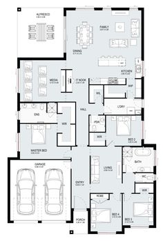 the floor plan for a two story house with three car garages and an attached living area