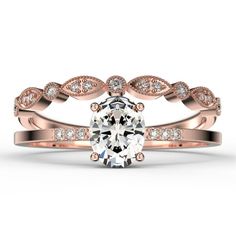 a rose gold engagement ring set with an oval cut diamond in the center and two rows of diamonds on each band