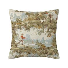 a decorative pillow with an image of people and animals on the water in a wooded area