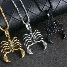 Mens Gothic Punk Animal Scorpion Pendant Necklace Biker Jewelry Box Chain 24" | eBay Durable Metal Necklaces For Gifts, Durable Metal Necklaces As A Gift, Durable Metal Necklace As Gift, Durable Metal Necklace Gift, Collectible Black Stainless Steel Necklace, Punk Style Engraved Necklace For Gift, Objects Reference, Scorpion Jewelry, Crystal Jewelry Diy