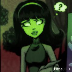 an animated image of a woman with dark hair and green eyes, standing in front of a computer screen