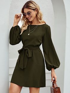 Army Green Casual Collar Long Sleeve Fabric Plain Tunic Embellished Non-Stretch Spring/Fall Women Dresses Belted Tunic, Gaun Fashion, Classy Dress Outfits, Bishop Sleeve, Elegantes Outfit, Tunic Styles, Girls Fashion Clothes, Lantern Sleeve, Trendy Fashion Women