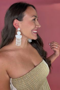 BEADED and BEAUTIFUL! Glamorous White Jewelry For Celebrations, White Chic Dangle Chandelier Earrings, Chic White Beaded Earrings, Chic White Chandelier Earrings Gift, Glamorous White Beaded Jewelry, Chic White Dangle Bridal Earrings, Glamorous White Dangle Earrings, Chic White Jewelry For Parties, Adjustable White Pearl Earrings For Party