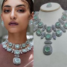 Experience the allure of Manish Malhotra-inspired India Diamond Jewelry, evoking the essence of a Sabyasachi Necklace Set. Our enchanting Mint Green Necklace, embellished with dazzling American Diamonds, promises to infuse your look with an irresistible blend of opulence and grace. Embrace the eternal allure of sophistication and leave a lasting impression at your upcoming special occasion. *𝐏𝐑𝐎𝐃𝐔𝐂𝐓 𝐃𝐄𝐓𝐀𝐈𝐋* * Material: Brass * Plating: White Rhodium Plated * Stone: AAA Quality CZ Mi Luxury Emerald Necklace With Jewels For Formal Occasions, Luxury Emerald Necklace With Jewels For Formal Events, Luxury Emerald Necklace For Formal Events, Dazzling Jeweled Emerald Necklace For Formal Events, Luxury Emerald Bridal Necklace For Formal Occasions, Luxury Formal Emerald Bridal Necklace, Luxury Formal Bridal Emerald Necklace, Luxury Diamond Necklace With Gemstones For Wedding, Luxury Gemstone Diamond Necklace For Wedding