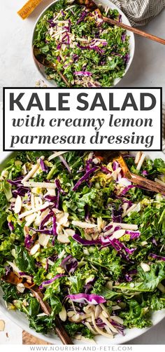 kale salad with creamy lemon parmesan dressing in a white bowl on a table