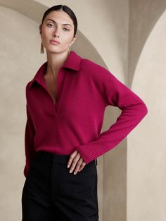 Luna Cashmere Sweater Polo | Banana Republic Cashmere Polo, Sweater Polo, Johnny Collar, High Rise Style, Cashmere Yarn, Colourful Outfits, Petite Size, Cashmere Sweater, Cashmere Sweaters