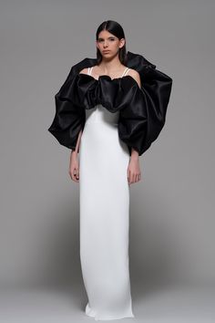 Ruffled bodice column silhouette dress - HerTrove Isabel Sanchis, Ruffled Gown, Cape Gown, Silhouette Dress, Off Shoulder Gown, Column Skirt, Black And White Theme, Theme Dress, Column Gown