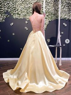 Silhouette:?A Line Waist: Natural Sleeve Length: Sleeveless Fabric: Satin Shown Color:?Yellow Built-In Bra: Yes Yellow Satin Wedding Dress, Yellow Belle Prom Dress, Pastel Yellow Prom Dress, Yellow Satin Prom Dress, Yellow Princess Dress, Yellow Ball Gown, Prom Dress Yellow, Yellow Prom Dresses, Yellow Formal Dress