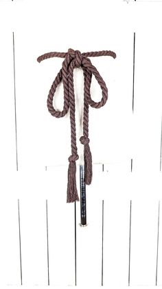 a rope hanging from the side of a white door with a black handle and two ends