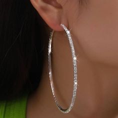 Rhinestone Hoop Earrings Brand New Perfect Condition 3.35 Inches Sparkly Hoop Earrings, Big Silver Hoop Earrings, Silver Rhinestone Hoop Earrings, Silver Hoops Earrings, Hoop Earrings Aesthetic, Silver And Gold Earrings, Rhinestone Hoop Earrings, Sterling Silver Heart Earrings, Formal Earrings