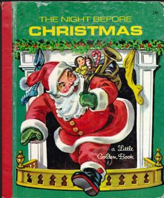 the night before christmas book cover with santa in red suit and green hat, flying through the air