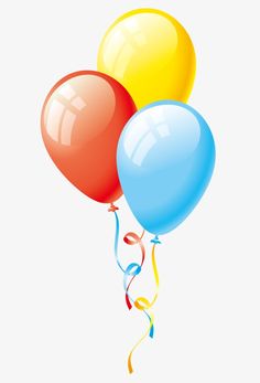 three balloons are floating in the air on a white background, with streamers coming from them