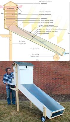 a man standing in front of a building next to a slide with instructions on it