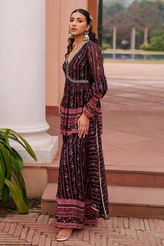 Black peplum kurta with botanic and stripe print highlighted by placed sequin threadwork. Comes with matching sharara and scallop lace lined dupatta. - Aza Fashions Kurta Sharara Set, Kurta Sharara, Black Peplum, Sharara Set, Scalloped Lace, Set For Women, Aza Fashion, Stripe Print, Fashion Set