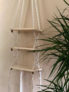 a white macrame hanging from a wall next to a potted plant