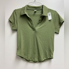 Nwt, Old Navy Ultralite Rib-Knit Cropped Polo Shirt, Size Xs, Olive Color Green Collared Knit Top, Green Knit Collared Tops, Casual Solid T-shirt With Seamless Collar, Spring Cotton Tops With Seamless Collar, Casual Summer Tops With Seamless Collar, Casual Cotton Top With Seamless Collar, Casual Cotton Tops With Seamless Collar, Casual Knit Tops Fitted, Casual T-shirt With Seamless Collar