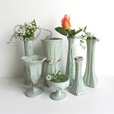 there are many vases with flowers in them